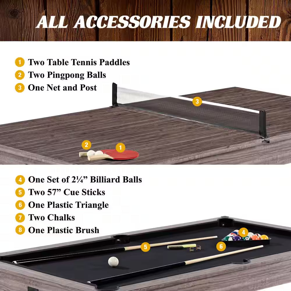 Monteray 7' Drop Pocket Pool Table Brown, 3-In-1 Dining Top and Table Tennis with Game Accessories