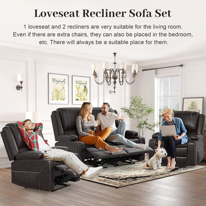 Grey Leather Reclining Loveseat Set With Console And Chairs