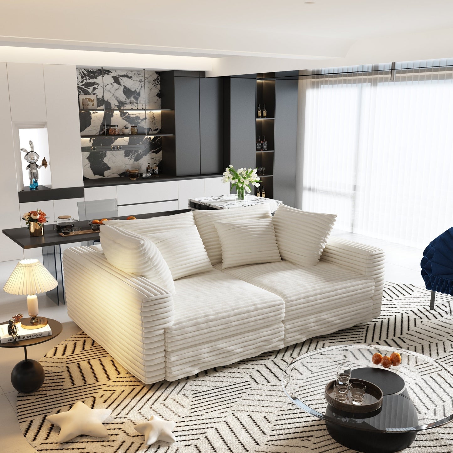 102.4 'Plush Corduroy 4-Seat Sofa,Modern Comfy Upholstered Sofa Cloud Couch,Deep Seat Couches with Soft Pillows and Movable Ottoman