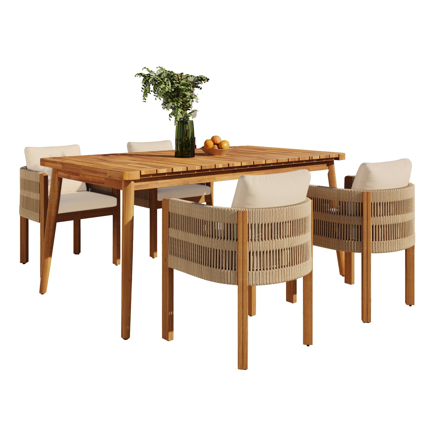 Outdoor Dining Set with Acacia Wood Table and 4 Chairs, Beige