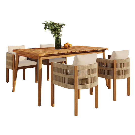 Outdoor Dining Set with Acacia Wood Table and 4 Chairs, Beige