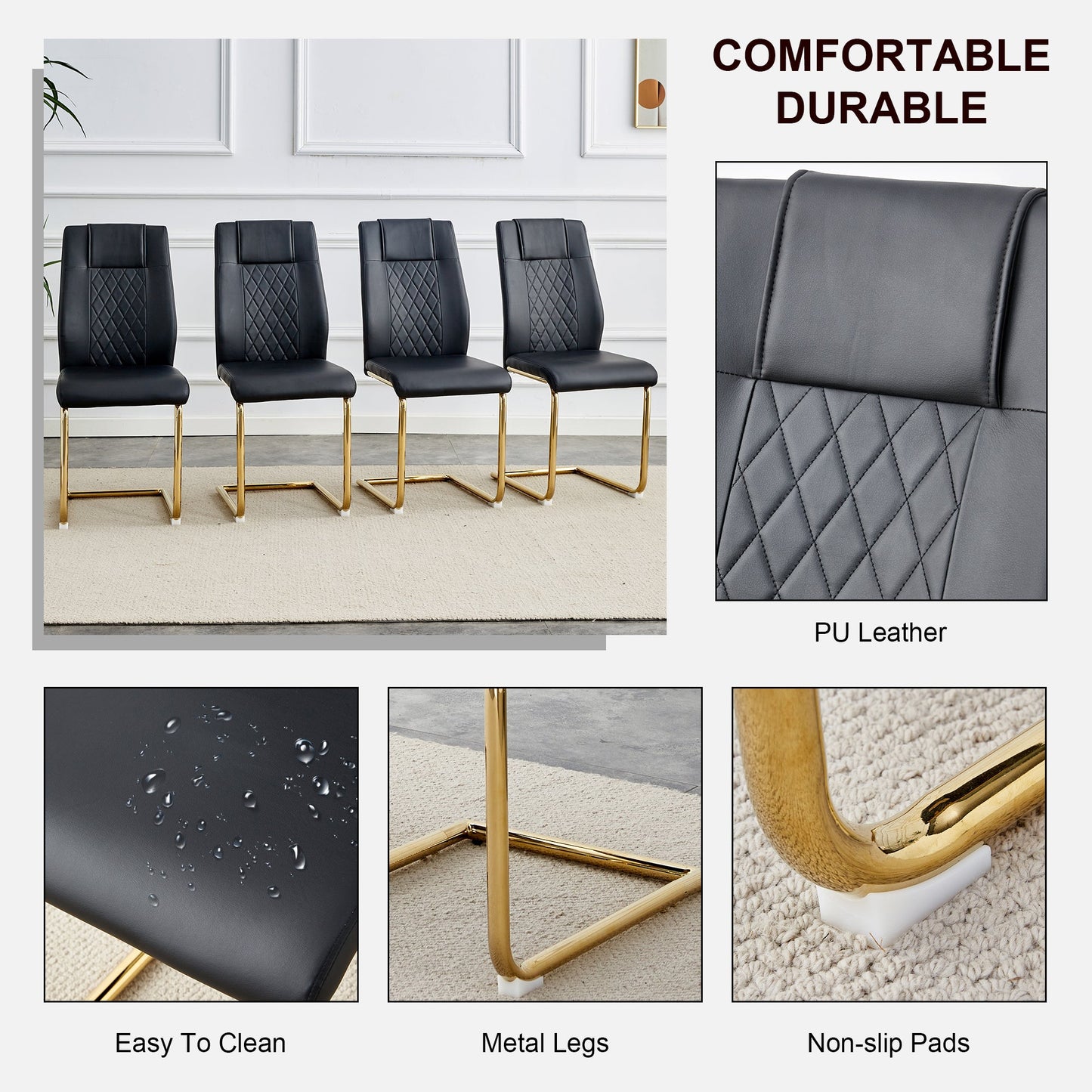 Modern dining chairs with faux leather padded seats, dining room chairs, gold metal leg upholstered chairs set of 6