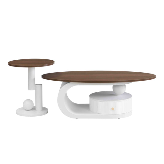 2-Piece Nesting Coffee Table Set with Storage - White & Brown