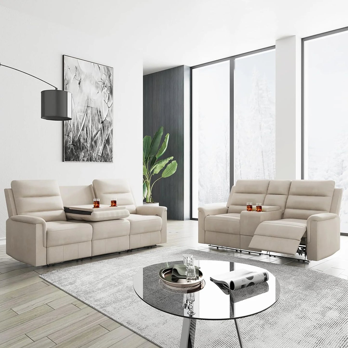 3-Seater Reclining Sofa with 2 Cup Holders,Sofa Recliner with Flipped Middle Backrest, Home Theater Seating Furniture for Living Room,Beige