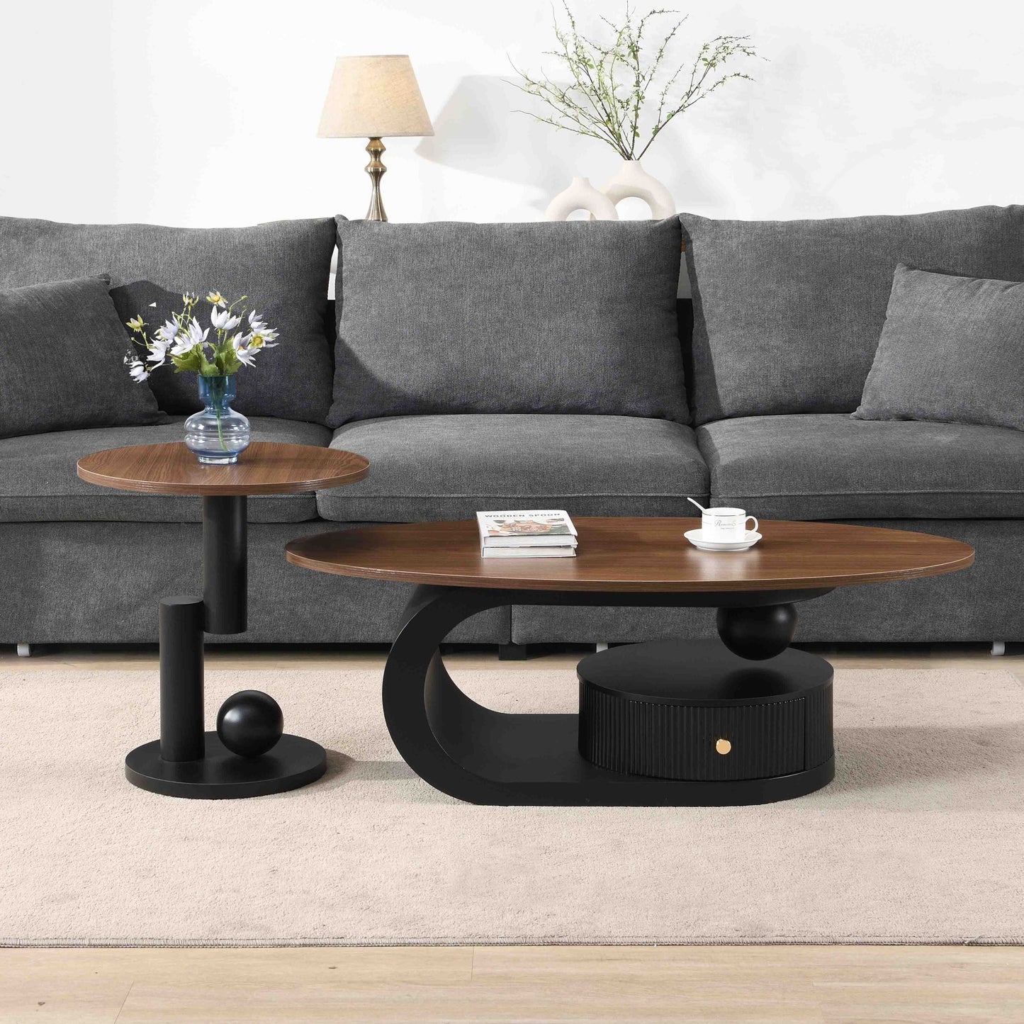 2-Piece Nesting Coffee Table Set with Storage - Black & Brown