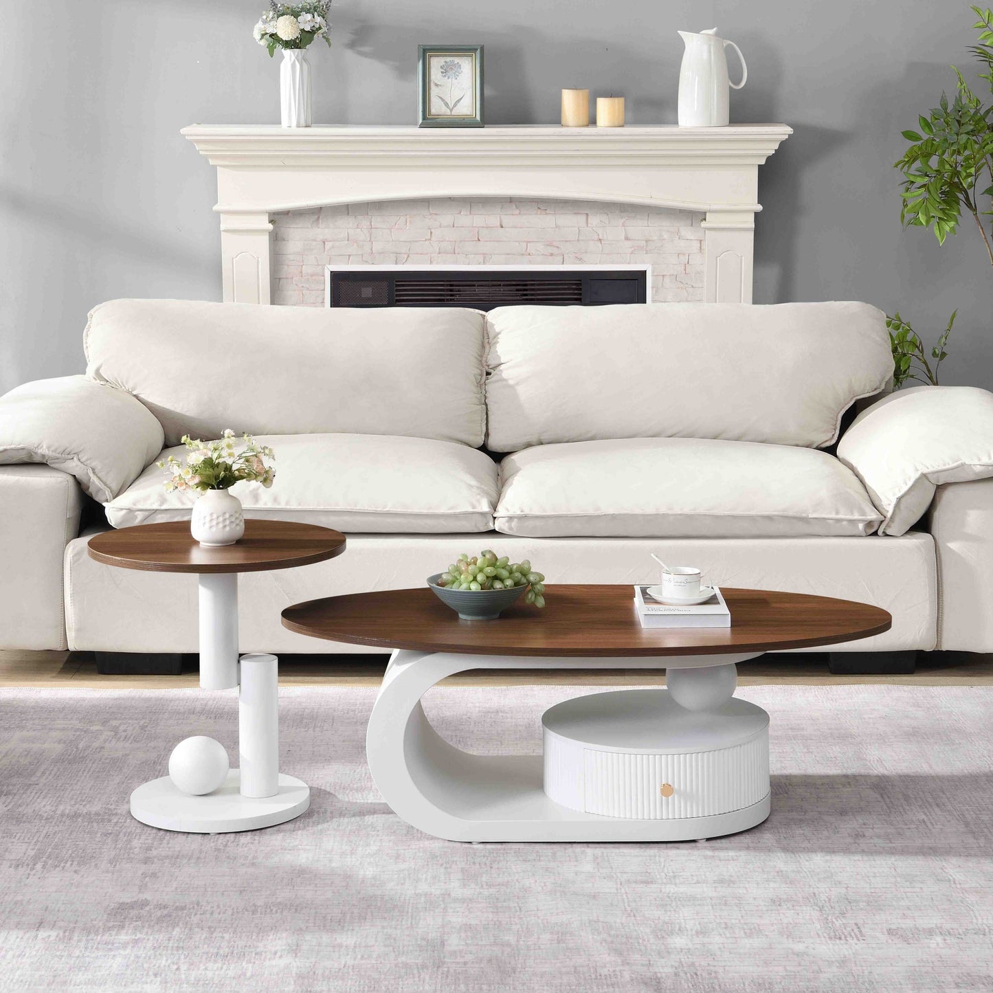 2-Piece Nesting Coffee Table Set with Storage - White & Brown