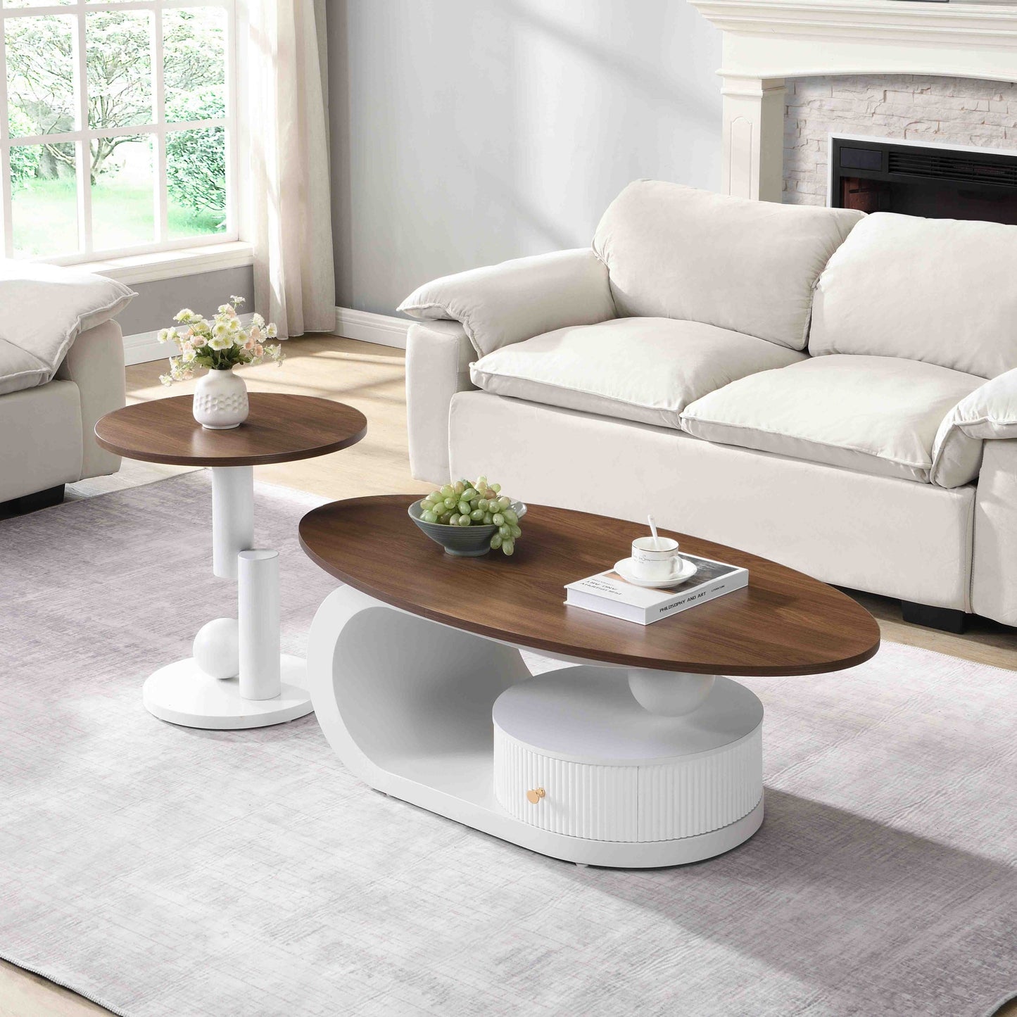 2-Piece Nesting Coffee Table Set with Storage - White & Brown