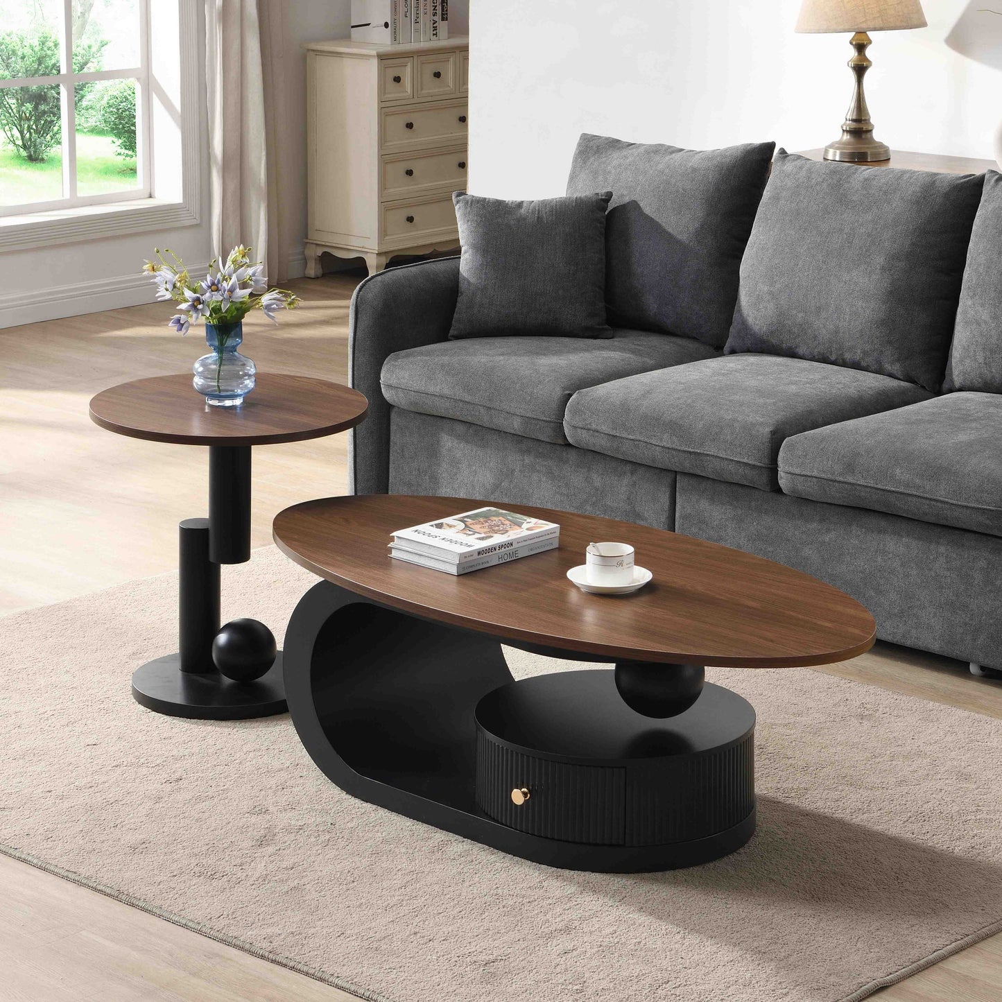 2-Piece Nesting Coffee Table Set with Storage - Black & Brown