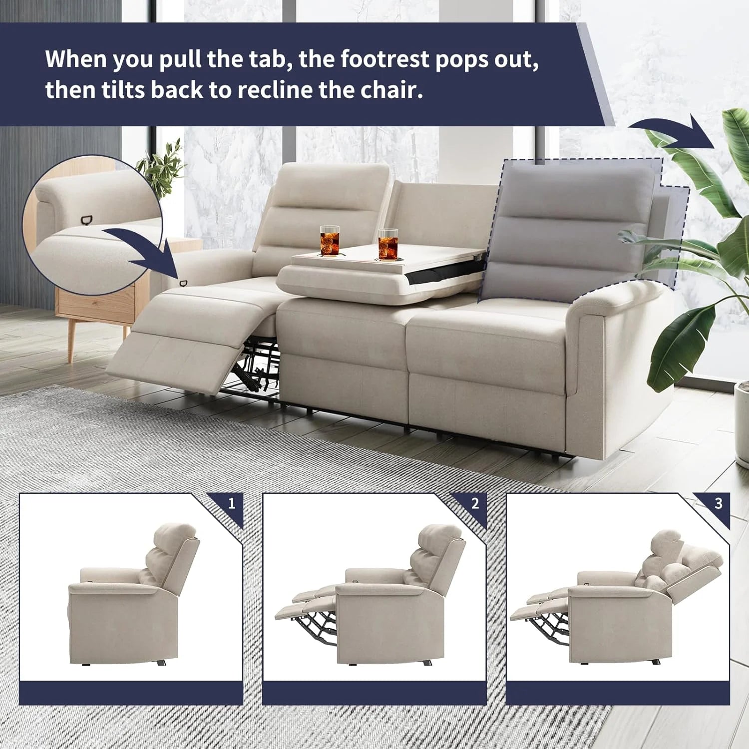 3-Seater Reclining Sofa with 2 Cup Holders,Sofa Recliner with Flipped Middle Backrest, Home Theater Seating Furniture for Living Room,Beige