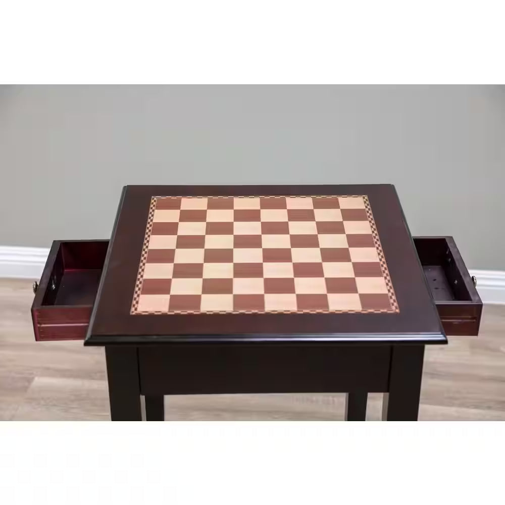 22 In. Chess End Table with 2 Drawers in Mahogany Wood