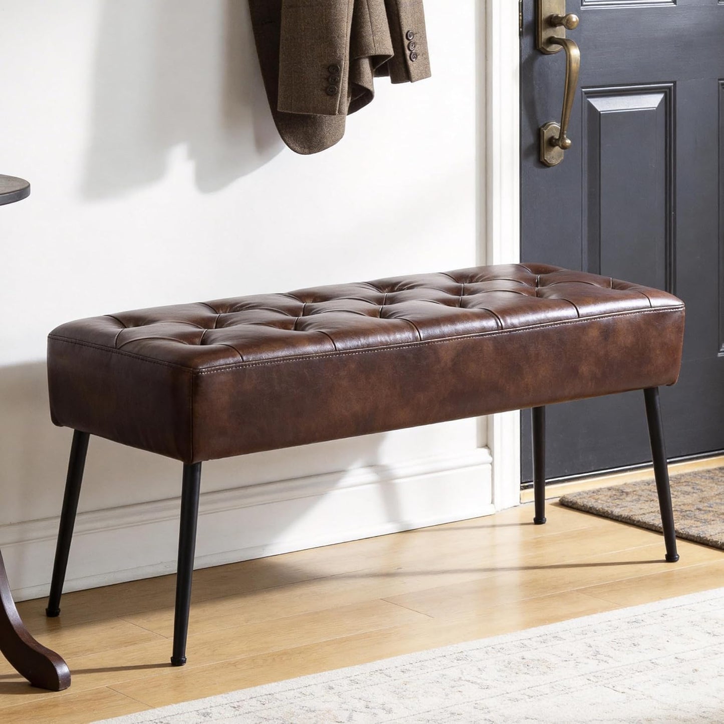 Dark Brown Button-Tufted Faux Leather Ottoman Bench