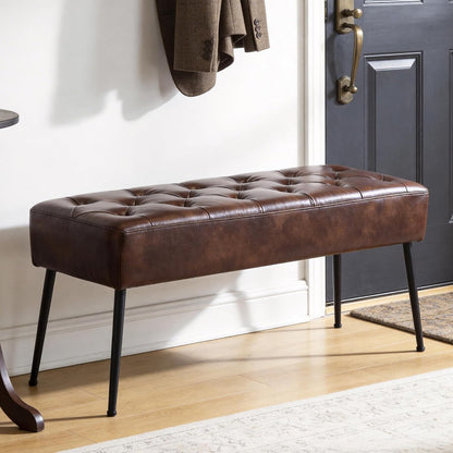 Dark Brown Button-Tufted Faux Leather Ottoman Bench
