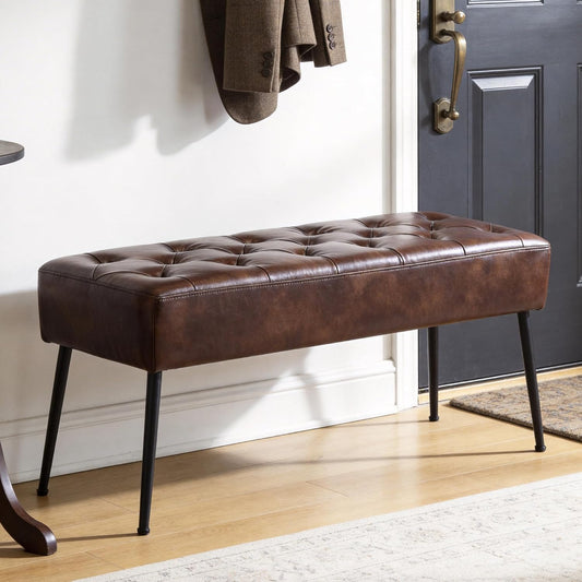 Dark Brown Button-Tufted Faux Leather Ottoman Bench