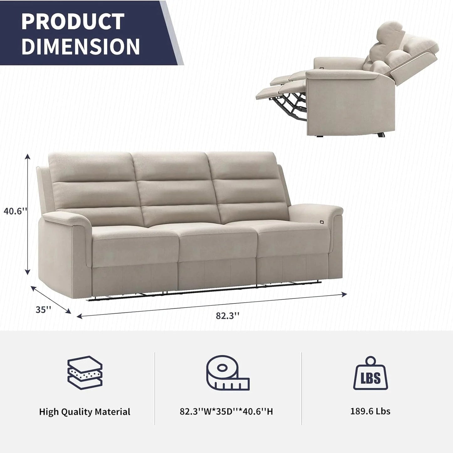 3-Seater Reclining Sofa with 2 Cup Holders,Sofa Recliner with Flipped Middle Backrest, Home Theater Seating Furniture for Living Room,Beige
