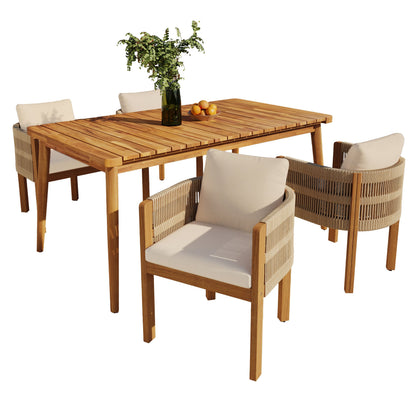 Outdoor Dining Set with Acacia Wood Table and 4 Chairs, Beige