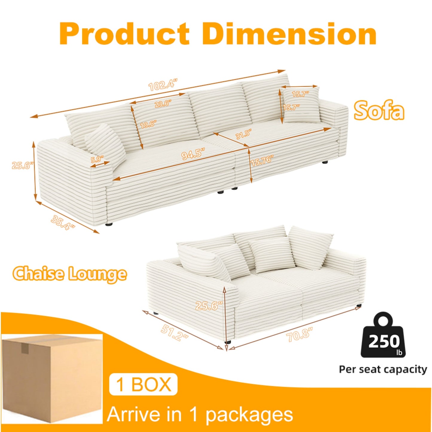 102.4 'Plush Corduroy 4-Seat Sofa,Modern Comfy Upholstered Sofa Cloud Couch,Deep Seat Couches with Soft Pillows and Movable Ottoman