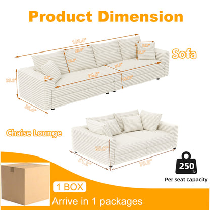 102.4 'Plush Corduroy 4-Seat Sofa,Modern Comfy Upholstered Sofa Cloud Couch,Deep Seat Couches with Soft Pillows and Movable Ottoman