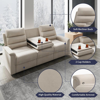 3-Seater Reclining Sofa with 2 Cup Holders,Sofa Recliner with Flipped Middle Backrest, Home Theater Seating Furniture for Living Room,Beige
