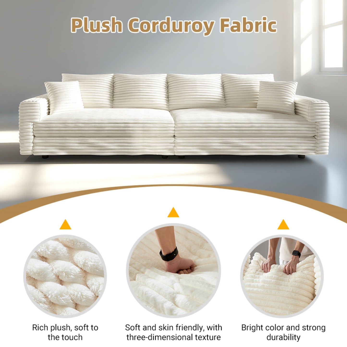 102.4 'Plush Corduroy 4-Seat Sofa,Modern Comfy Upholstered Sofa Cloud Couch,Deep Seat Couches with Soft Pillows and Movable Ottoman