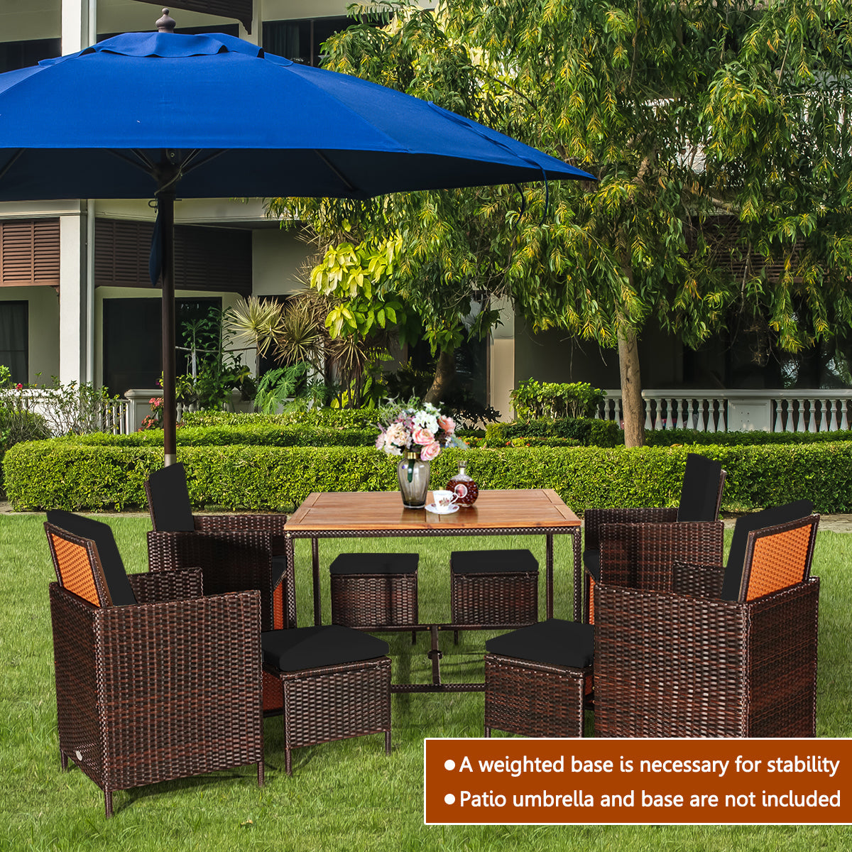9 Pieces Patio Rattan Dining Cushioned Chairs Set-Black