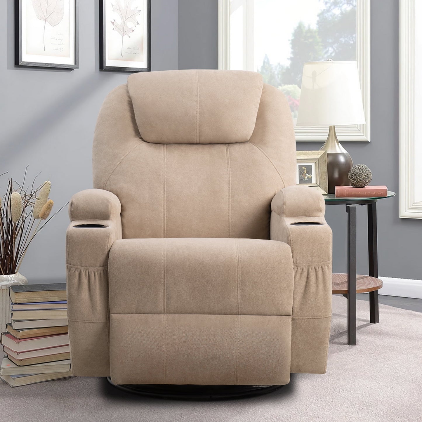 Swivel Rocking Recliner Chair Massage Fabric 360 Swivel Rocker Recliner Living Room Chair Home Theater Seating,Fabric Beige