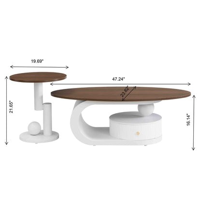 2-Piece Nesting Coffee Table Set with Storage - White & Brown