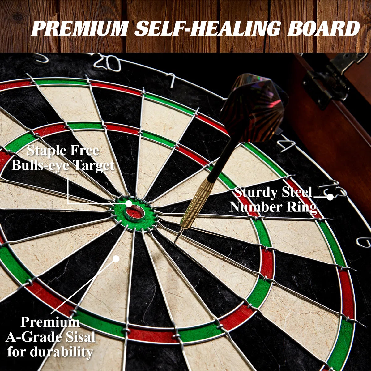 18-Inch Bristle Dartboard and Wood Cabinet Set with 6 Steel-Tip Darts