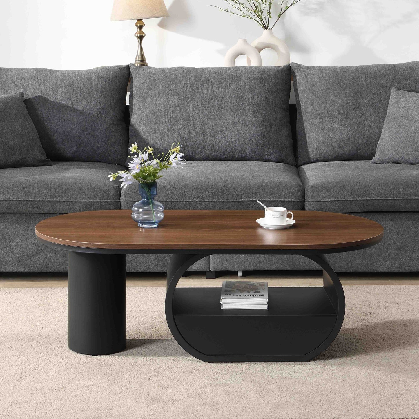 47-Inch Industrial Oval Coffee Table with Storage Drawer - Black