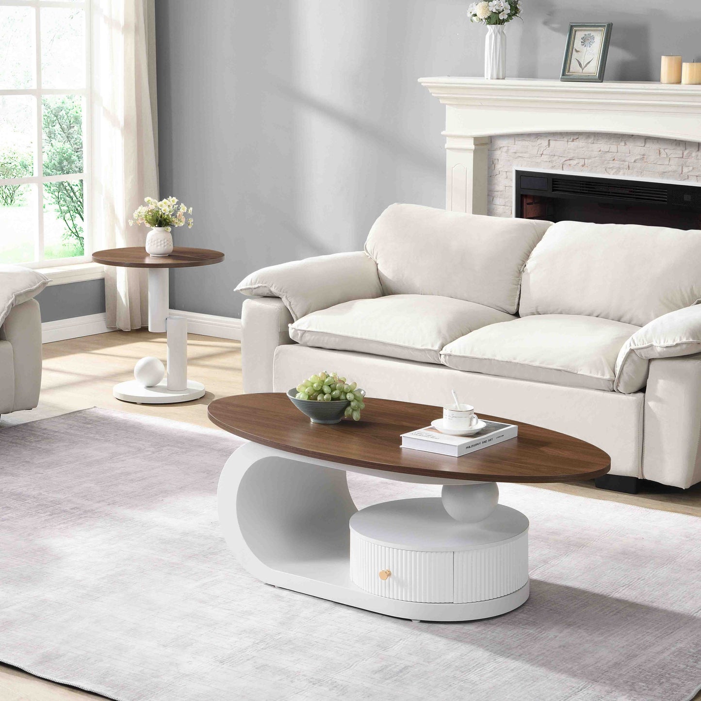 2-Piece Nesting Coffee Table Set with Storage - White & Brown