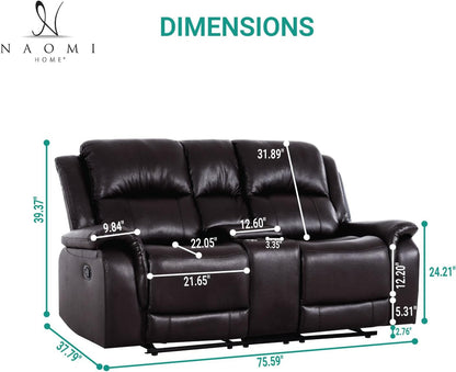 Espresso Leather Sofa Set With Manual Recliner For Living Room
