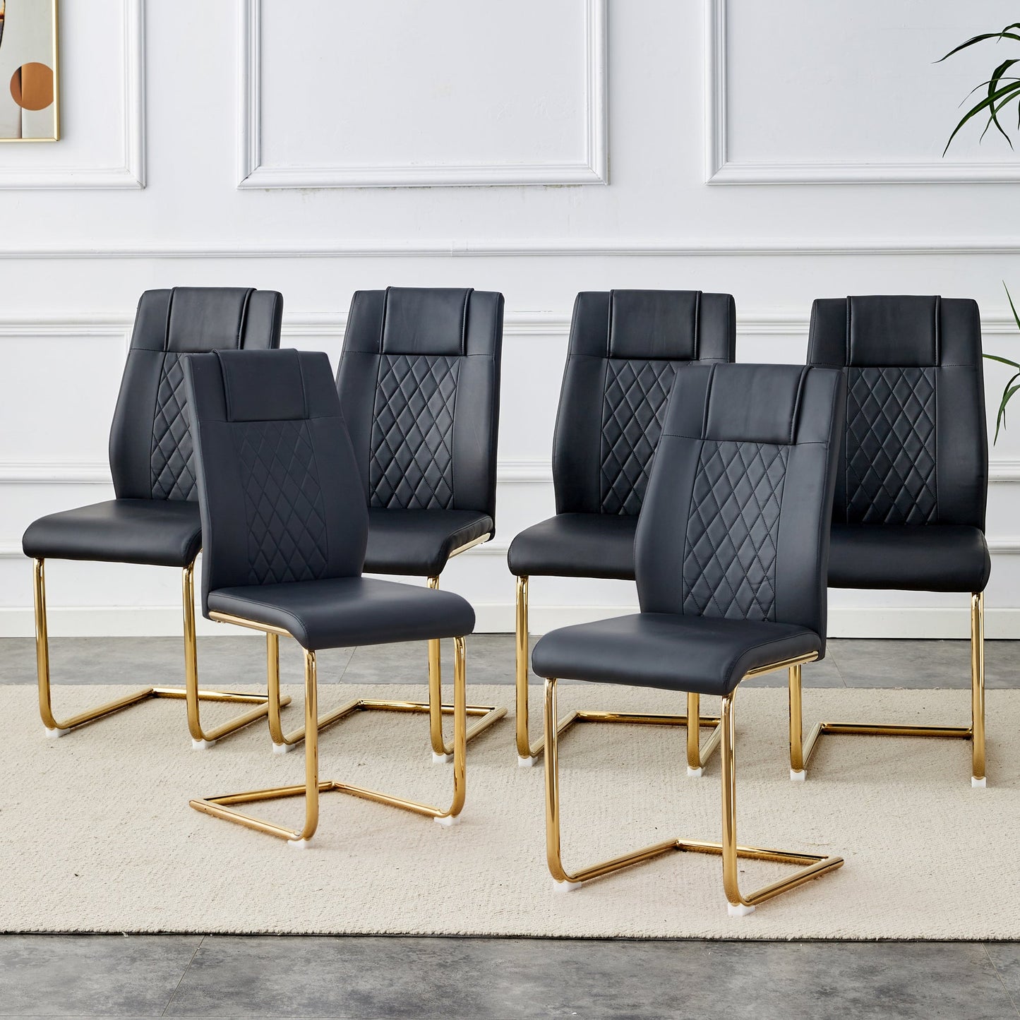 Modern dining chairs with faux leather padded seats, dining room chairs, gold metal leg upholstered chairs set of 6