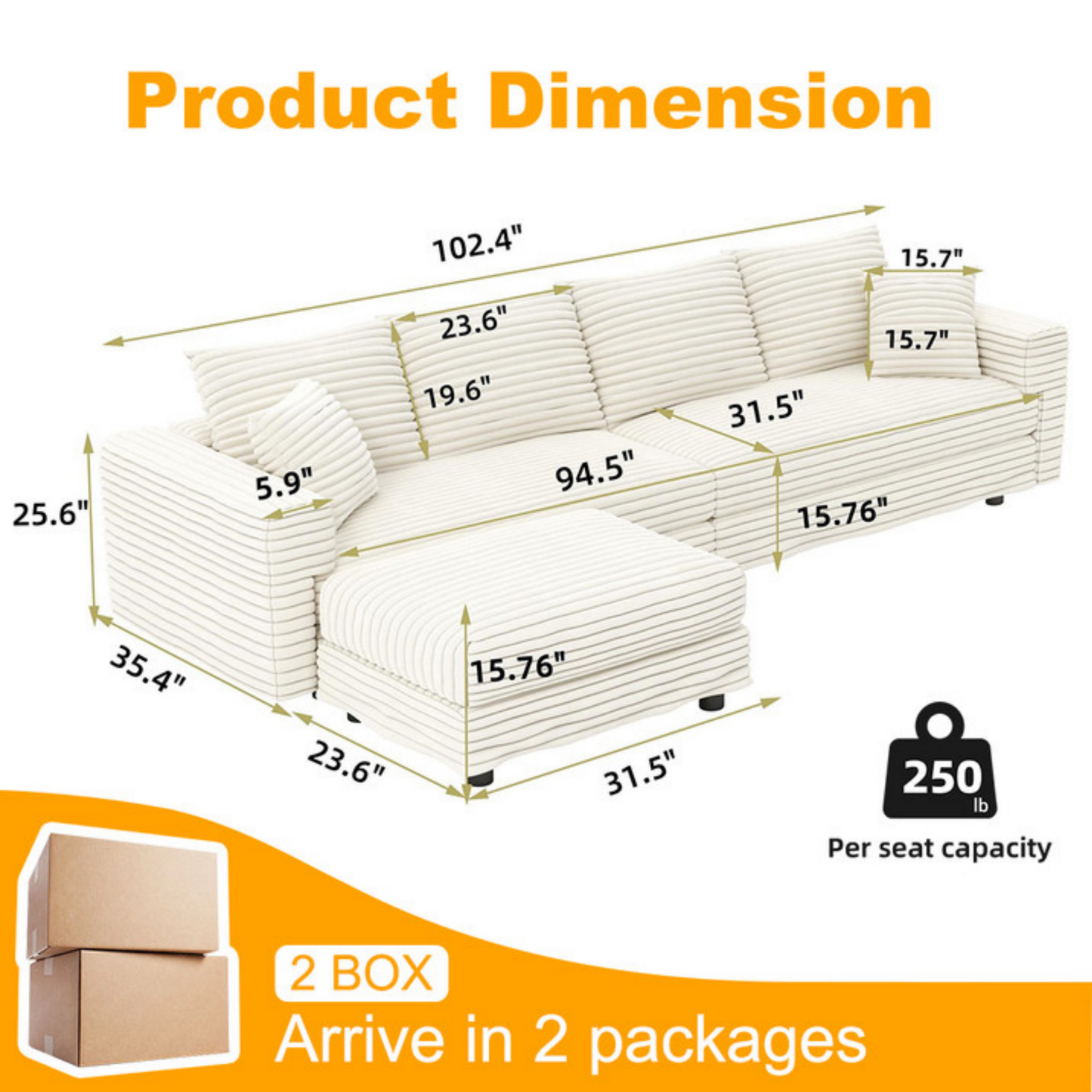 102.4 'Plush Corduroy 4-Seat Sofa,Modern Comfy Upholstered Sofa Cloud Couch,Deep Seat Couches with Soft Pillows and Movable Ottoman
