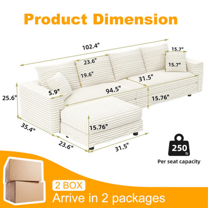 102.4 'Plush Corduroy 4-Seat Sofa,Modern Comfy Upholstered Sofa Cloud Couch,Deep Seat Couches with Soft Pillows and Movable Ottoman