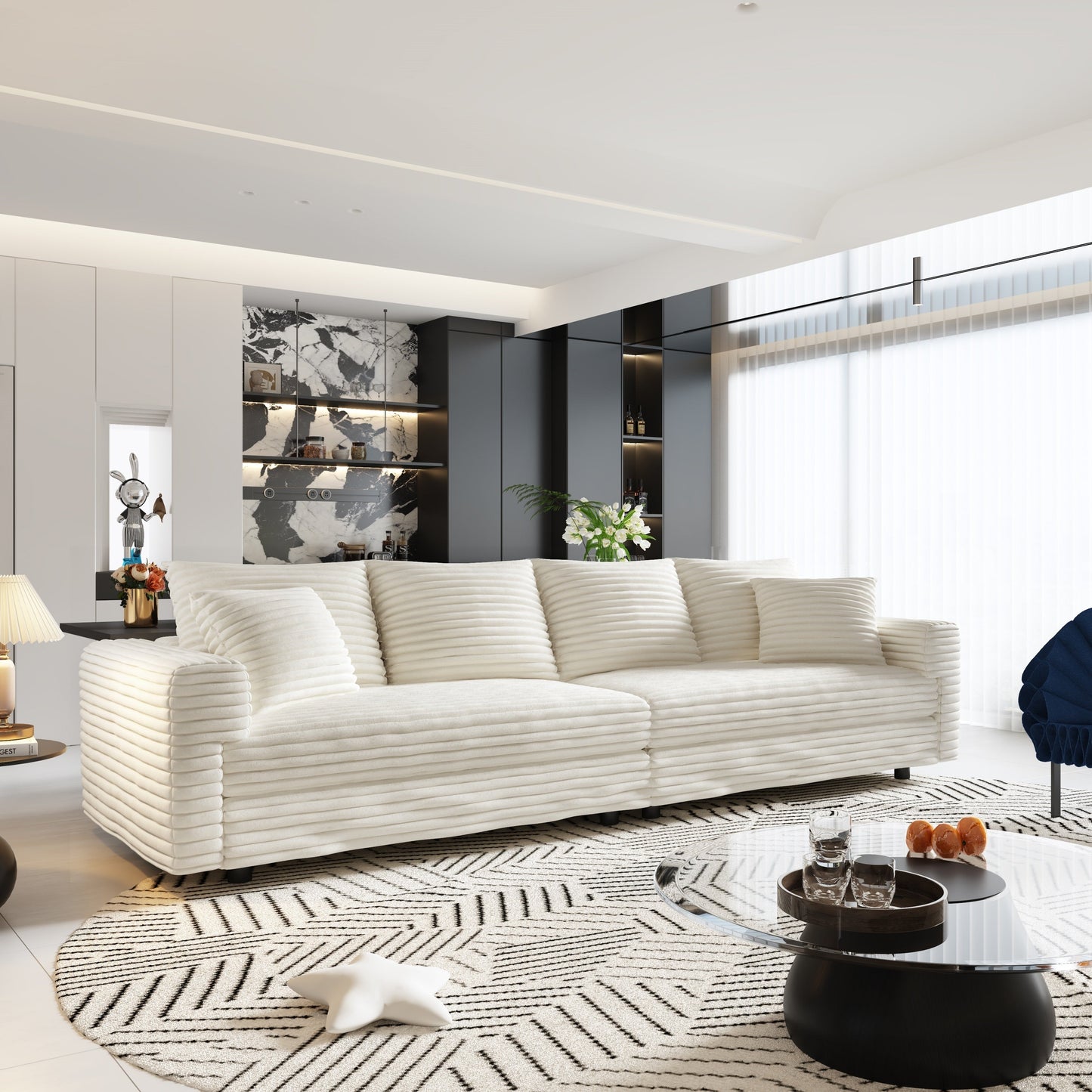 102.4 'Plush Corduroy 4-Seat Sofa,Modern Comfy Upholstered Sofa Cloud Couch,Deep Seat Couches with Soft Pillows and Movable Ottoman