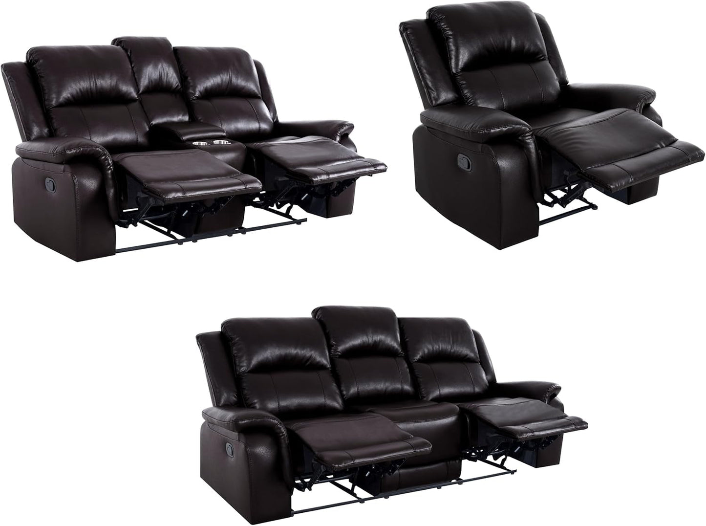 Espresso Leather Sofa Set With Manual Recliner For Living Room