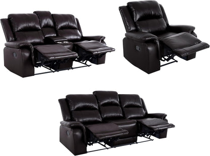Espresso Leather Sofa Set With Manual Recliner For Living Room