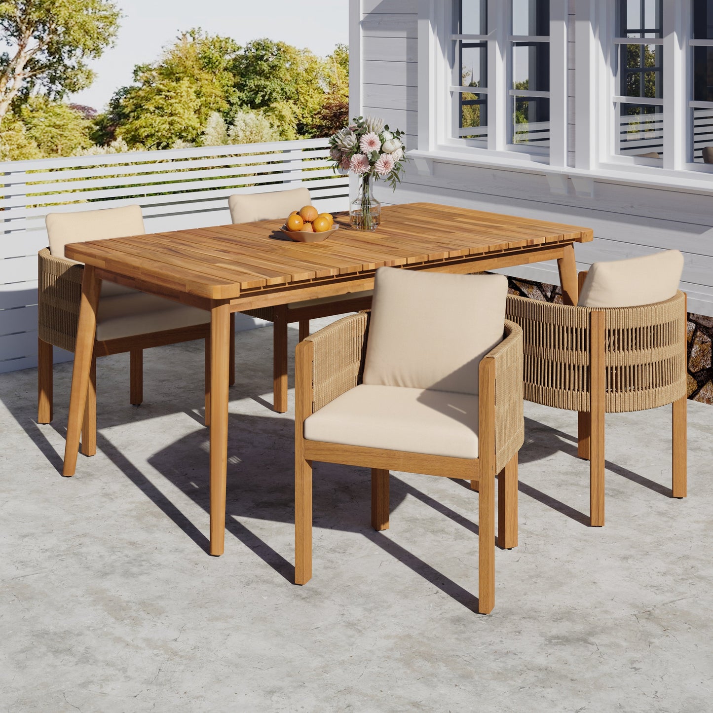 Outdoor Dining Set with Acacia Wood Table and 4 Chairs, Beige