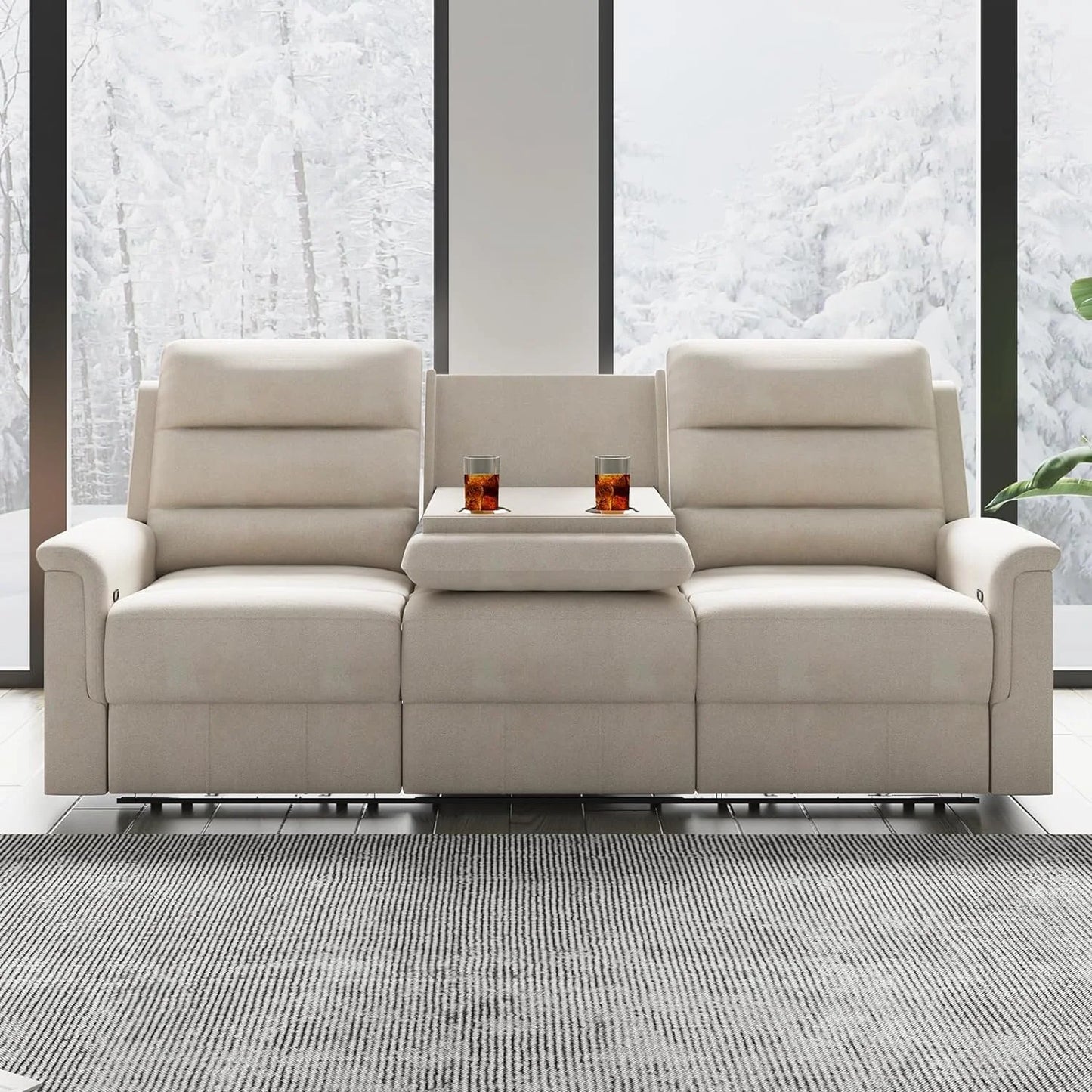 3-Seater Reclining Sofa with 2 Cup Holders,Sofa Recliner with Flipped Middle Backrest, Home Theater Seating Furniture for Living Room,Beige