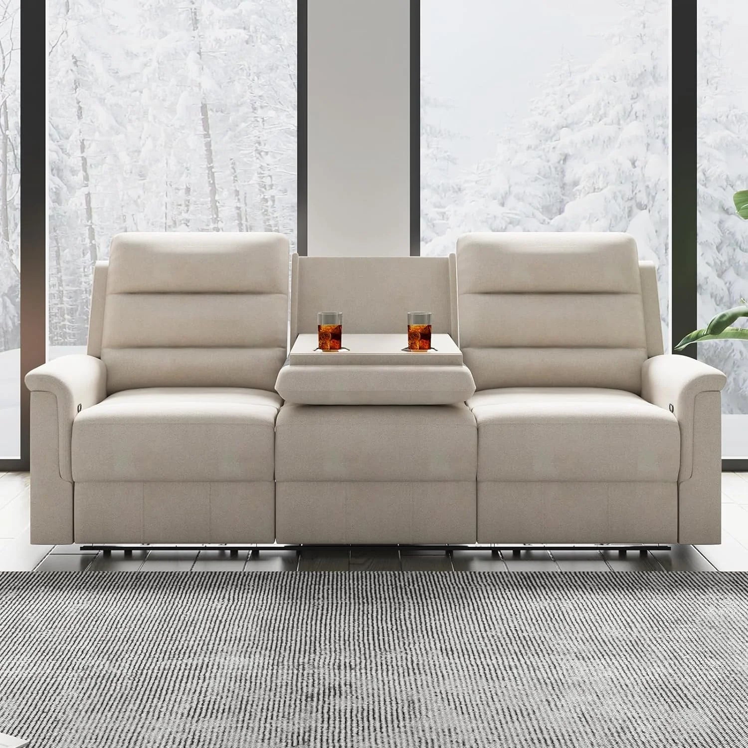 3-Seater Reclining Sofa with 2 Cup Holders,Sofa Recliner with Flipped Middle Backrest, Home Theater Seating Furniture for Living Room,Beige