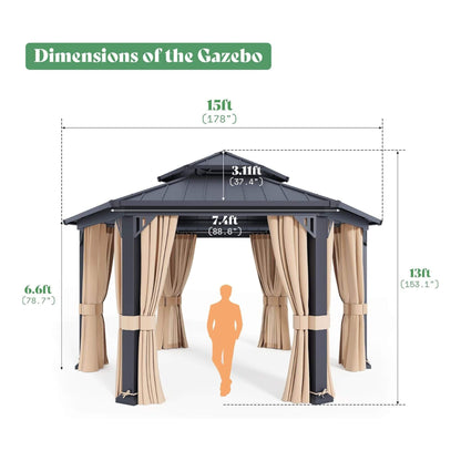 [13X15FT] Alora Double-Tier Hexagonal Metal Hardtop Patio Gazebo With Curtains