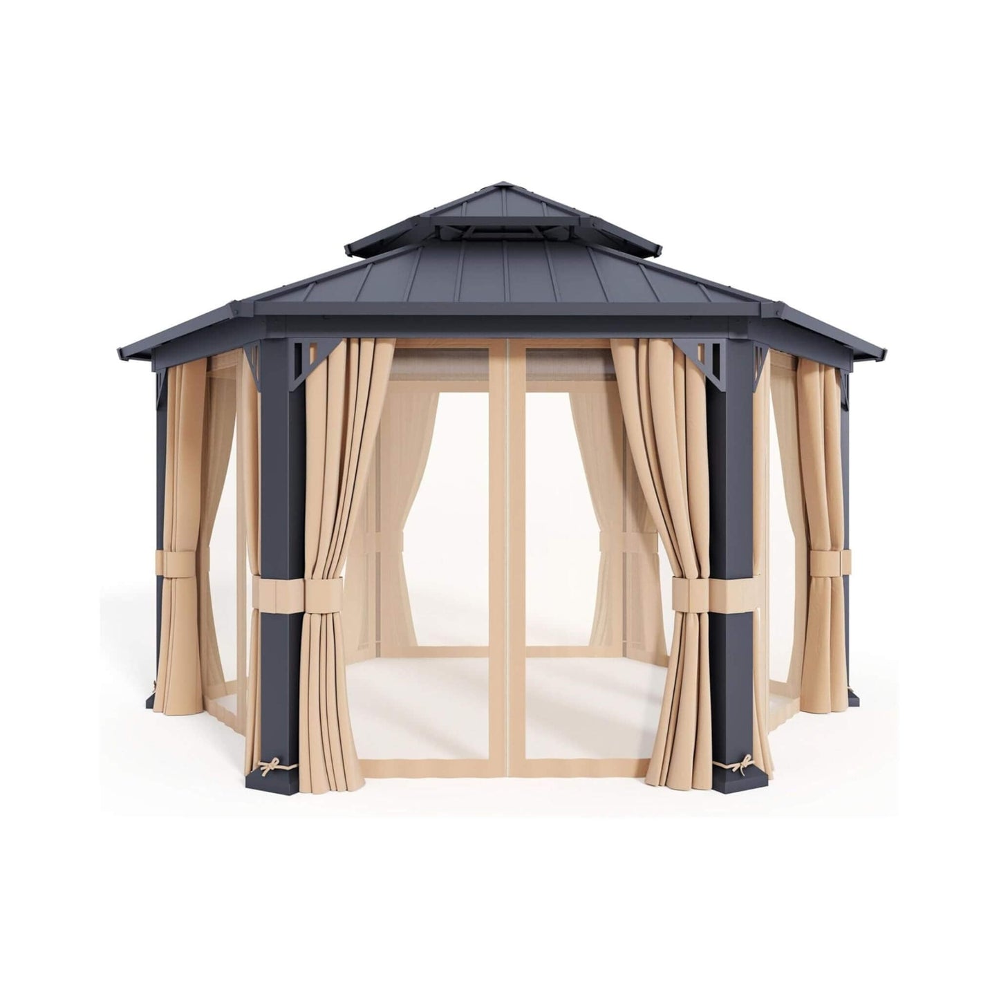 [13X15FT] Alora Double-Tier Hexagonal Metal Hardtop Patio Gazebo With Curtains