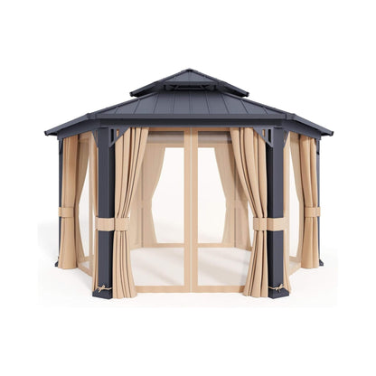 [13X15FT] Alora Double-Tier Hexagonal Metal Hardtop Patio Gazebo With Curtains