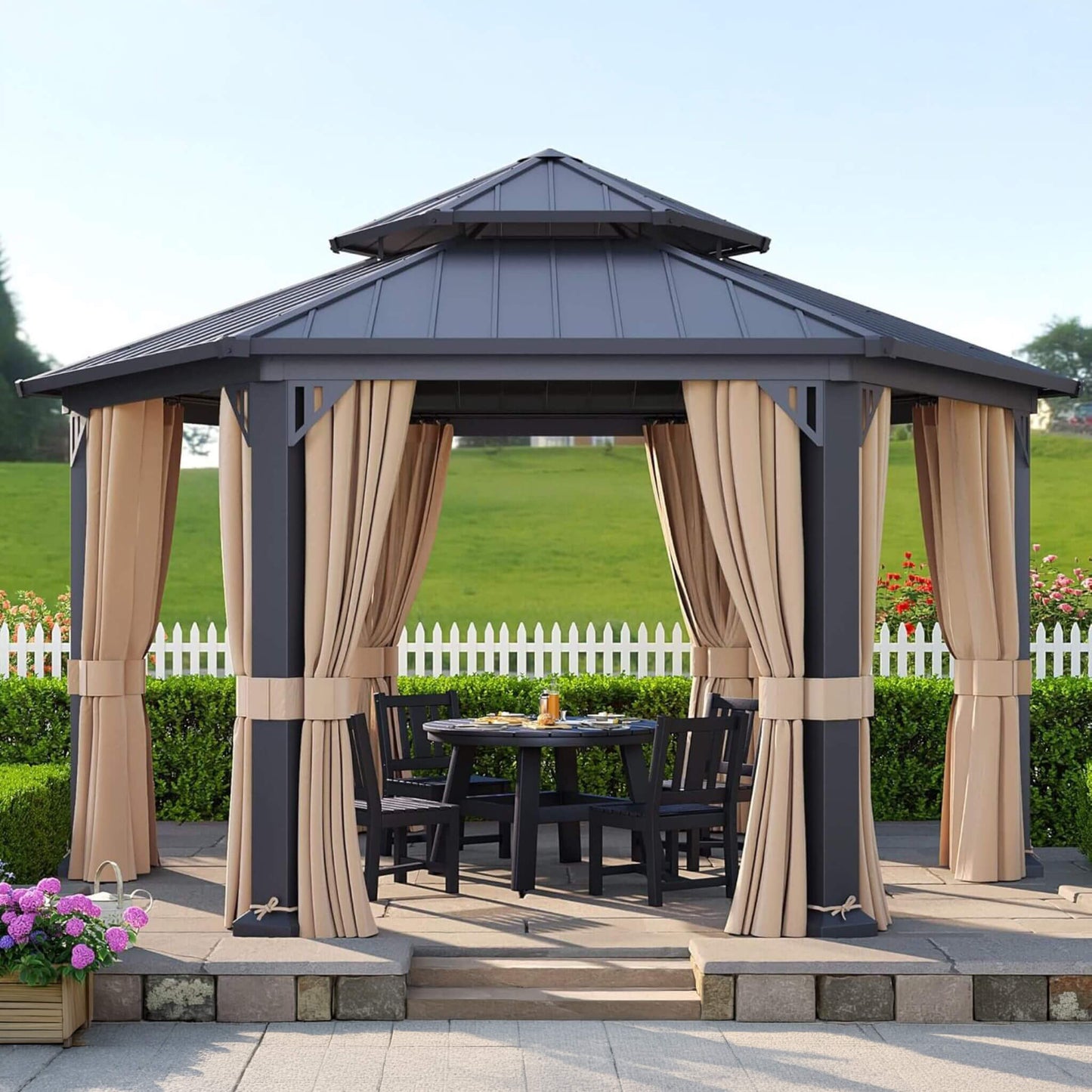 [13X15FT] Alora Double-Tier Hexagonal Metal Hardtop Patio Gazebo With Curtains