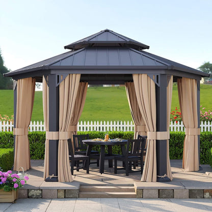 [13X15FT] Alora Double-Tier Hexagonal Metal Hardtop Patio Gazebo With Curtains
