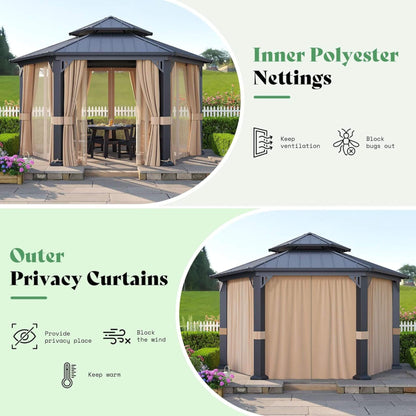 [13X15FT] Alora Double-Tier Hexagonal Metal Hardtop Patio Gazebo With Curtains