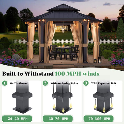 [13X15FT] Alora Double-Tier Hexagonal Metal Hardtop Patio Gazebo With Curtains