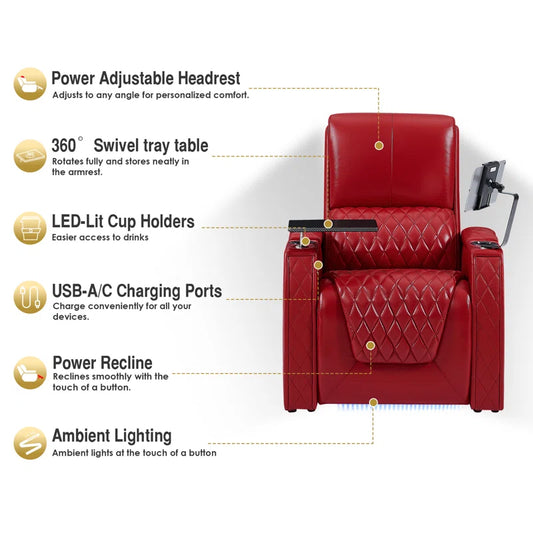 Haiylee Zero Gravity Home Theater Seating Top Grain Leather Recliner Sofa Power Headrest Footrest
