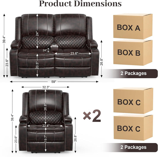 Grey Leather Reclining Loveseat Set With Console And Chairs