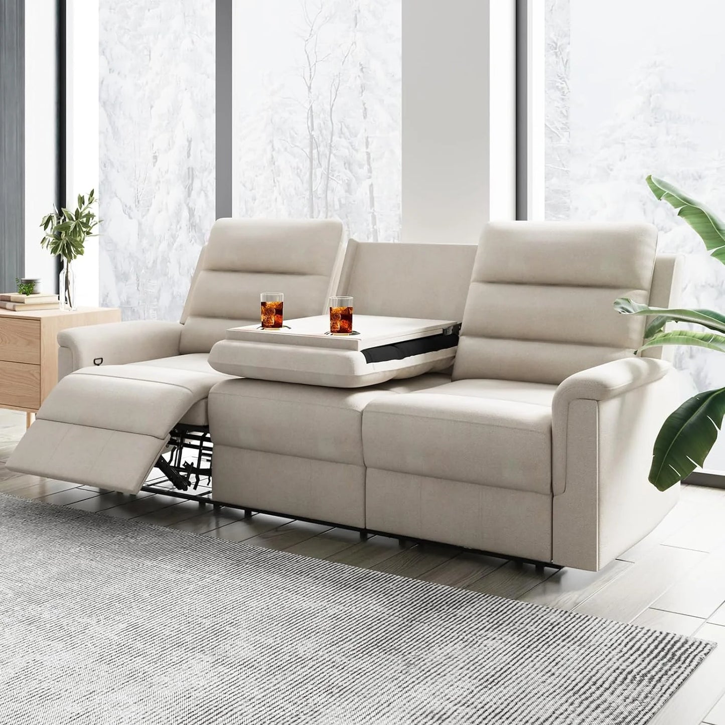 3-Seater Reclining Sofa with 2 Cup Holders,Sofa Recliner with Flipped Middle Backrest, Home Theater Seating Furniture for Living Room,Beige