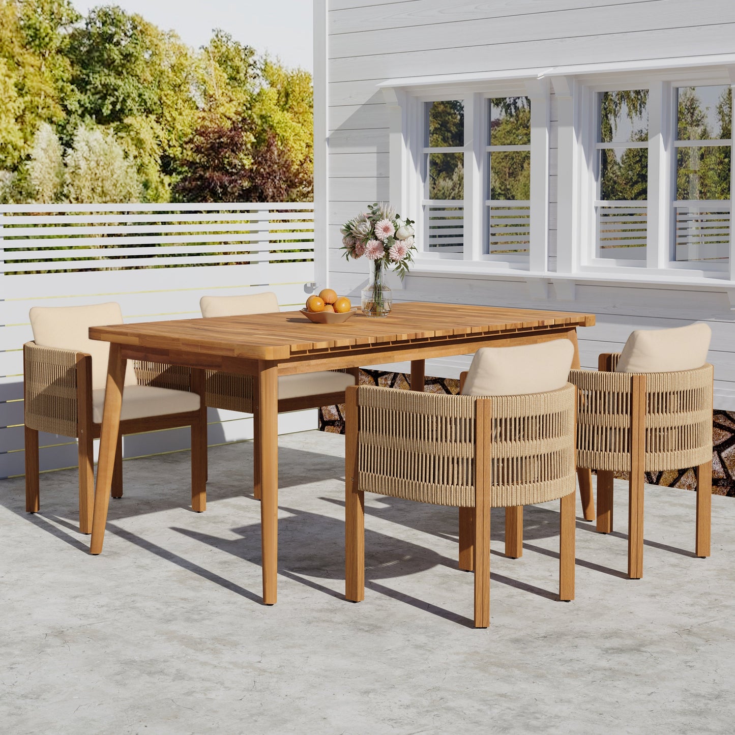 Outdoor Dining Set with Acacia Wood Table and 4 Chairs, Beige